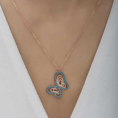 925 Ayar Gümüş Turkuaz Taşlı Kelebek Kadın Gümüş Kolye