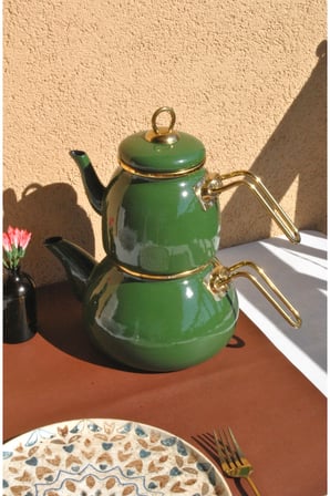 Set Yeşil Retro Emaye Vintage Çaydanlık Demlik Üst 1,5 Lt Alt 2 Lt