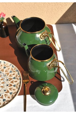Set Yeşil Retro Emaye Vintage Çaydanlık Demlik Üst 1,5 Lt Alt 2 Lt