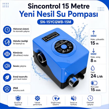 Sincontrol SN-15YCQWB-15M 15 Metre Yeni Nesil Su Pompası Hidromatlı Basınç Pompası