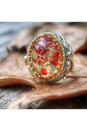 Erkek Kırmızı Kehribar Taşlı Oval Gümüş Yüzük