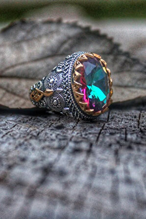 Erkek Gümüş Otantik İşlemeli Mistik Topaz Taşlı Yüzük