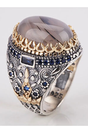 Erkek Yemen Akik Taşlı Safir Mikro 925 Ayar Gümüş Yüzük