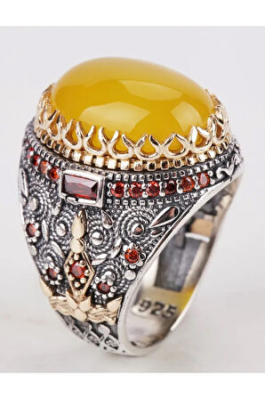 Erkek Sarı Yemen Akik Taşlı 925 Ayar Gümüş Yüzük