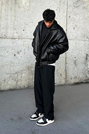 Oversize Vintage Erkek Siyah Deri Ceket