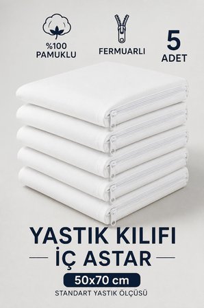 TURUYTOWEL Pamuklu Fermuarlı İç Yastık Kılıfı Beyaz Renkli İç Astar 5'li Yastık İç Kılıfı 50x 70 Şilte
