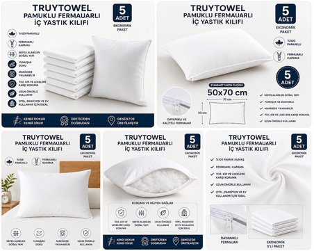 TURUYTOWEL Pamuklu Fermuarlı İç Yastık Kılıfı Beyaz Renkli İç Astar 5'li Yastık İç Kılıfı 50x 70 Şilte