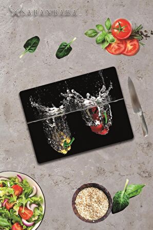Biber ve Su Cam Kesme Tahtası - Cam Kesme Tablası  | 30 cm x 40 cm