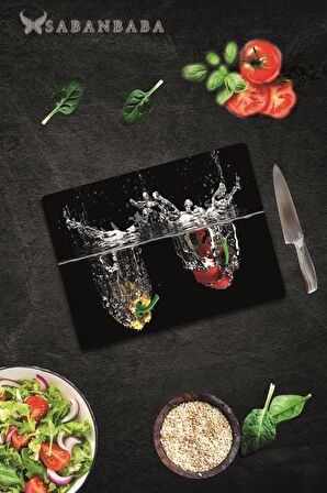 Biber ve Su Cam Kesme Tahtası - Cam Kesme Tablası  | 30 cm x 40 cm