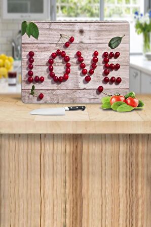 Love Kiraz Desenli Cam Kesme Tahtası - Cam Kesme Tablası  | 30 cm x 40 cm