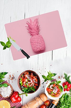 Pembe Ananas Desenli Cam Kesme Tahtası - Cam Kesme Tablası | 30 Cm X 40 Cm