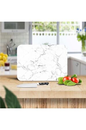 Siyah Beyaz Mermer Desenli Cam Kesme Tahtası - Cam Kesme Tablası | 30 Cm X 40 Cm