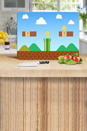 Mario Desenli Cam Kesme Tahtası - Cam Kesme Tablası | 30 Cm X 40 Cm