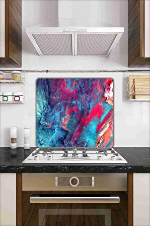 Cam Ocak Koruyucu Ve Cam Kesme Tahtası Kırmızı Mavi Alacalı 50 cm x 56 cm Tek Parça
