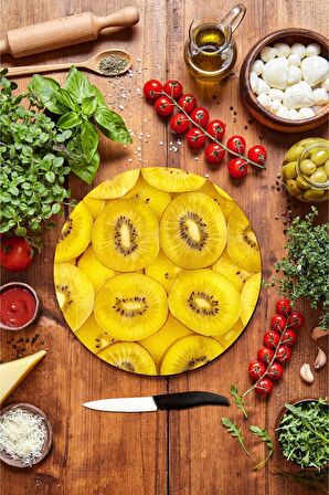 Altın Kivi Desenli Cam Kesme Tahtası - Cam Kesme Tablası - Sunum Tabağı| Çap 32 Cm