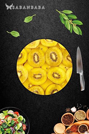 Altın Kivi Desenli Cam Kesme Tahtası - Cam Kesme Tablası - Sunum Tabağı| Çap 32 Cm