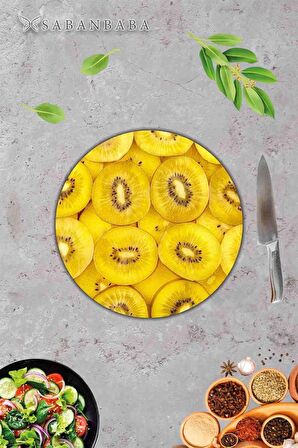 Altın Kivi Desenli Cam Kesme Tahtası - Cam Kesme Tablası - Sunum Tabağı| Çap 32 Cm