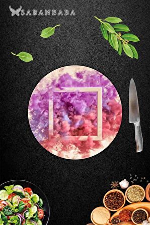 Renkli Kare Duman Desenli Cam Kesme Tahtası - Cam Kesme Tablası - Sunum Tabağı| Çap 32 Cm