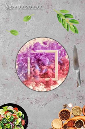 Renkli Kare Duman Desenli Cam Kesme Tahtası - Cam Kesme Tablası - Sunum Tabağı| Çap 32 Cm