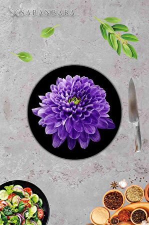 Mor Orkide Desenli Cam Kesme Tahtası - Cam Kesme Tablası - Sunum Tabağı| Çap 32 Cm