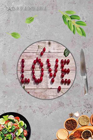 Love Kiraz Desenli Cam Kesme Tahtası - Cam Kesme Tablası - Sunum Tabağı| Çap 32 Cm