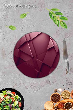 Kırmızı Üçgen Desenli Cam Kesme Tahtası - Cam Kesme Tablası - Sunum Tabağı| Çap 32 Cm