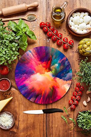 Renkli Odak Desenli Cam Kesme Tahtası - Cam Kesme Tablası - Sunum Tabağı| Çap 32 Cm