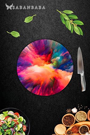 Renkli Odak Desenli Cam Kesme Tahtası - Cam Kesme Tablası - Sunum Tabağı| Çap 32 Cm