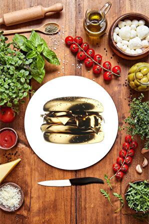 Altın Burger Desenli Cam Kesme Tahtası - Cam Kesme Tablası - Sunum Tabağı| Çap 32 Cm