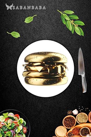 Altın Burger Desenli Cam Kesme Tahtası - Cam Kesme Tablası - Sunum Tabağı| Çap 32 Cm