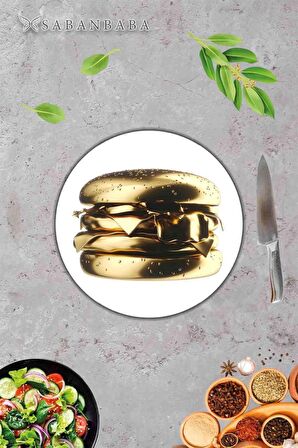 Altın Burger Desenli Cam Kesme Tahtası - Cam Kesme Tablası - Sunum Tabağı| Çap 32 Cm