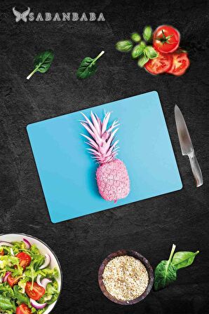 Mavi Ananas Desenli Cam Kesme Tahtası - Cam Kesme Tablası | 30 Cm X 40 Cm