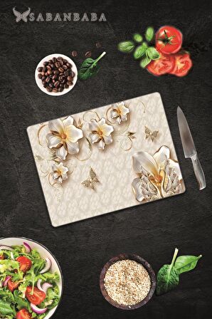 Altın Çiçek Cam Kesme Tahtası - Cam Kesme Tablası | 30 Cm X 40 Cm