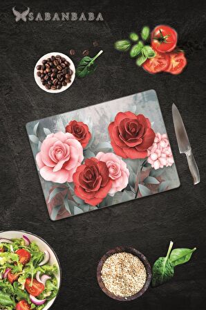 Kırmızı & Pembe Gül Cam Kesme Tahtası - Cam Kesme Tablası | 30 Cm X 40 Cm