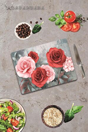 Kırmızı & Pembe Gül Cam Kesme Tahtası - Cam Kesme Tablası | 30 Cm X 40 Cm
