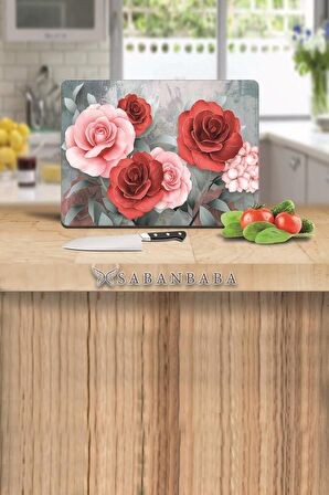 Kırmızı & Pembe Gül Cam Kesme Tahtası - Cam Kesme Tablası | 30 Cm X 40 Cm