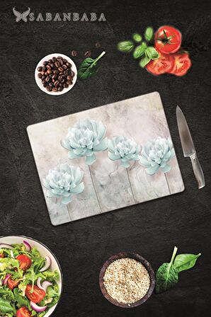 Mavi Çiçekler  Cam Kesme Tahtası - Cam Kesme Tablası | 30 Cm X 40 Cm