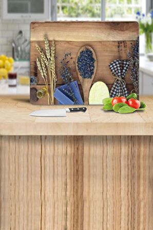 Dekoratif Cam Kesme Tahtası 30cm X 40cm Tohum Ve Tahta Kaşık 