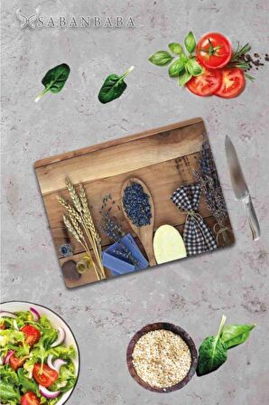 Dekoratif Cam Kesme Tahtası 30cm X 40cm Tohum Ve Tahta Kaşık 