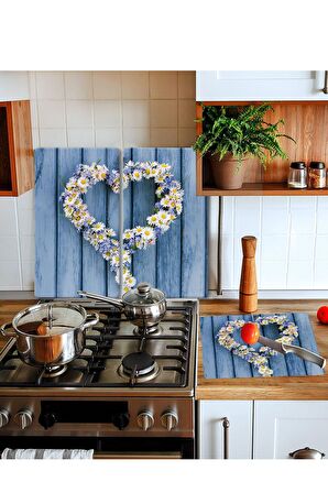 Takım Halinde Papatya Kalp 20x30 Cm Kesme Tablası Ve 60x52cm Cam Ocak Koruyucu 4'lü Ocaklar