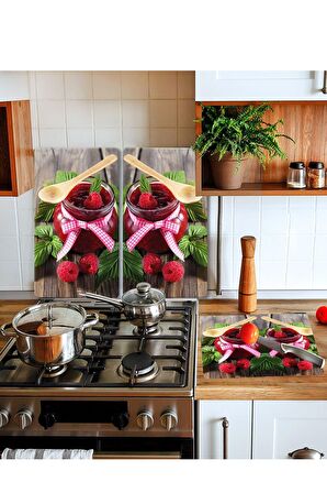 Takım Halinde Raspberry 20x30 Cm Kesme Tablası Ve 60x52cm Cam Ocak Koruyucu 4'lü Ocaklar