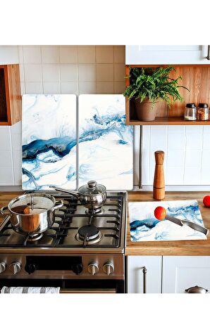 Takım Halinde Mavi Deniz 20x30 Cm Kesme Tablası Ve 60x52cm Cam Ocak Koruyucu 4'lü Ocaklar