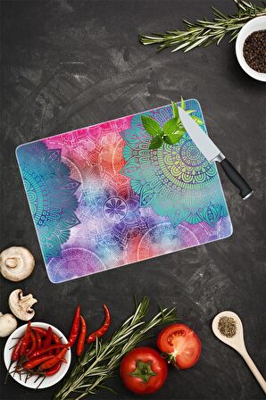 Mavi Kırmızı Mandala Desenli Cam Kesme Tahtası| 30 Cm X 40 Cm