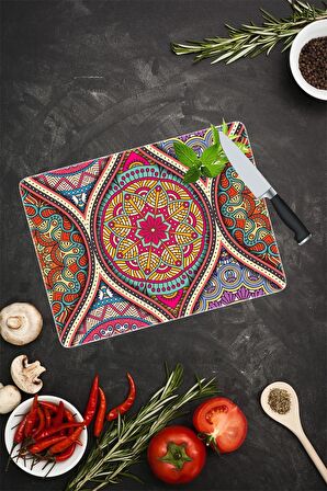 Koyu Yuvarlak Mandala Desenli Cam Kesme Tahtası| 30 Cm X 40 Cm