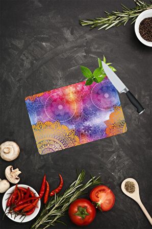 Mavi Turuncu Mandala Desenli Cam Kesme Tahtası| 20 Cm X 30 Cm