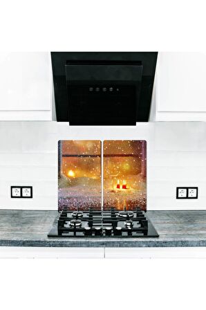Cam Ocak Arkası Koruyucu ve Kesme Tahtası Kış 2| 30cm x 52cm 2'li