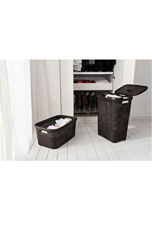 Hasır Desenli Plastik Kahverengi Çamaşır Sepeti  & Kahverengi Çamaşır Selesi