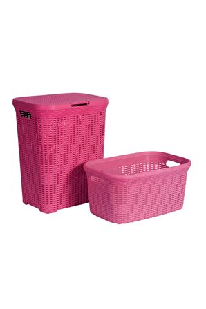 Hasır Desenli Plastik Pembe Çamaşır Sepeti & Pembe Çamaşır Selesi