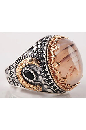 Yemen Akik Taşlı Cembiye Figürlü 925 Ayar Gümüş Erkek Yüzük