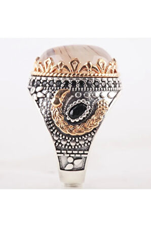 Yemen Akik Taşlı Cembiye Figürlü 925 Ayar Gümüş Erkek Yüzük